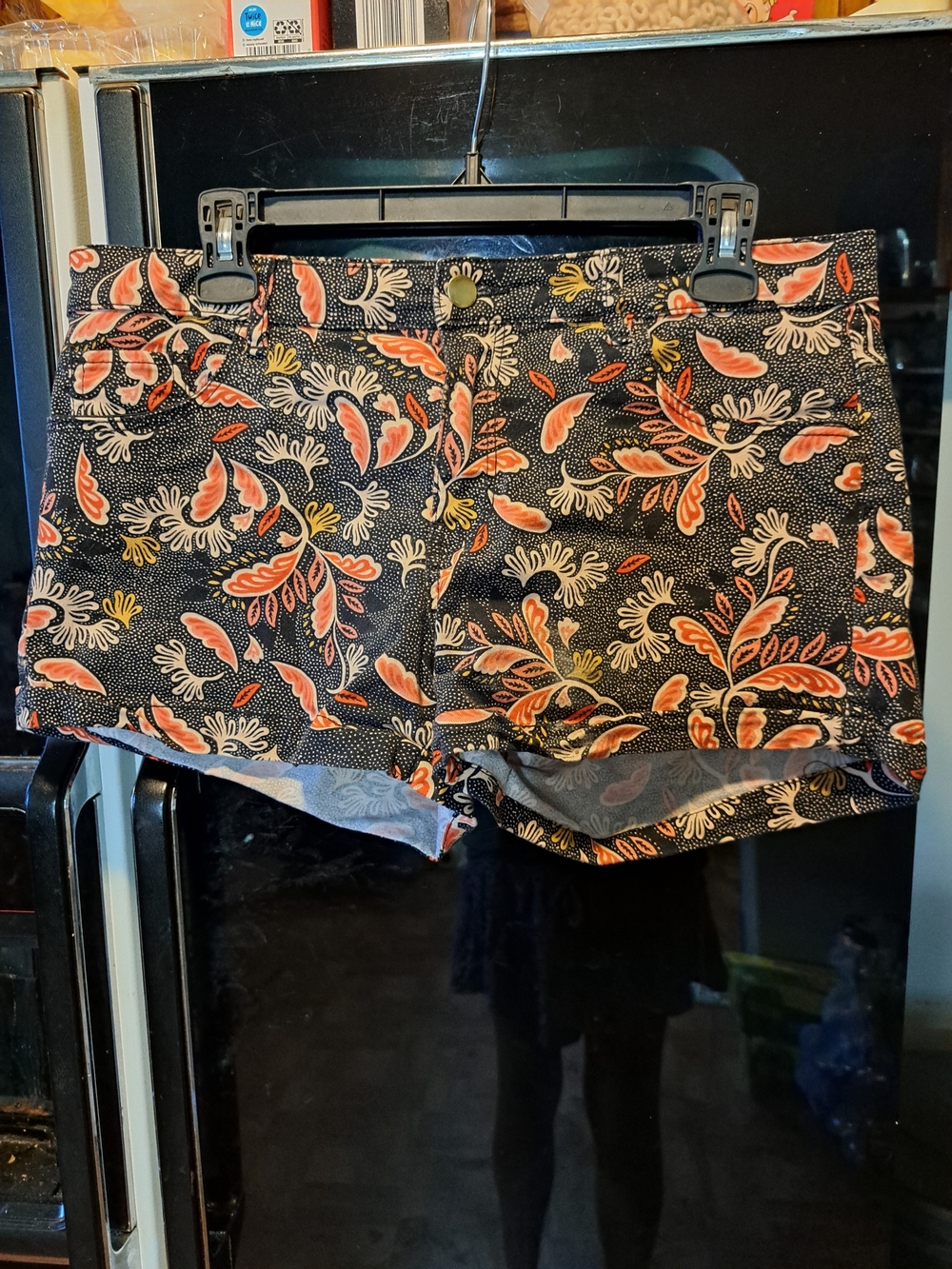 H&M Black Jean Shorts with Coral and Cream Floral Print